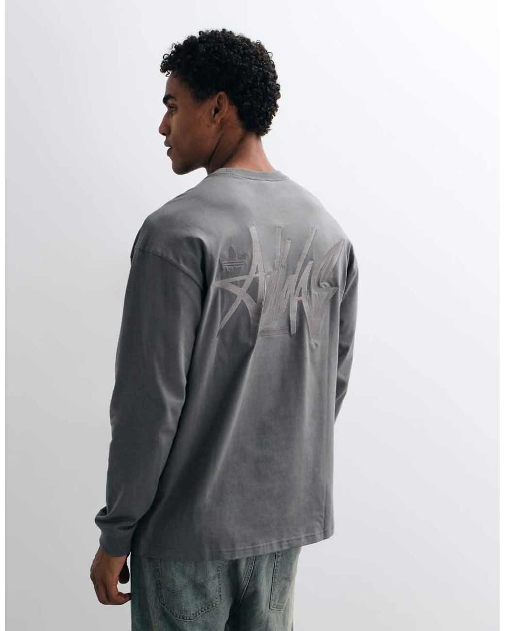 Adidas Originals Gray Back Embroidered Long Sleeve T-Shirt for men