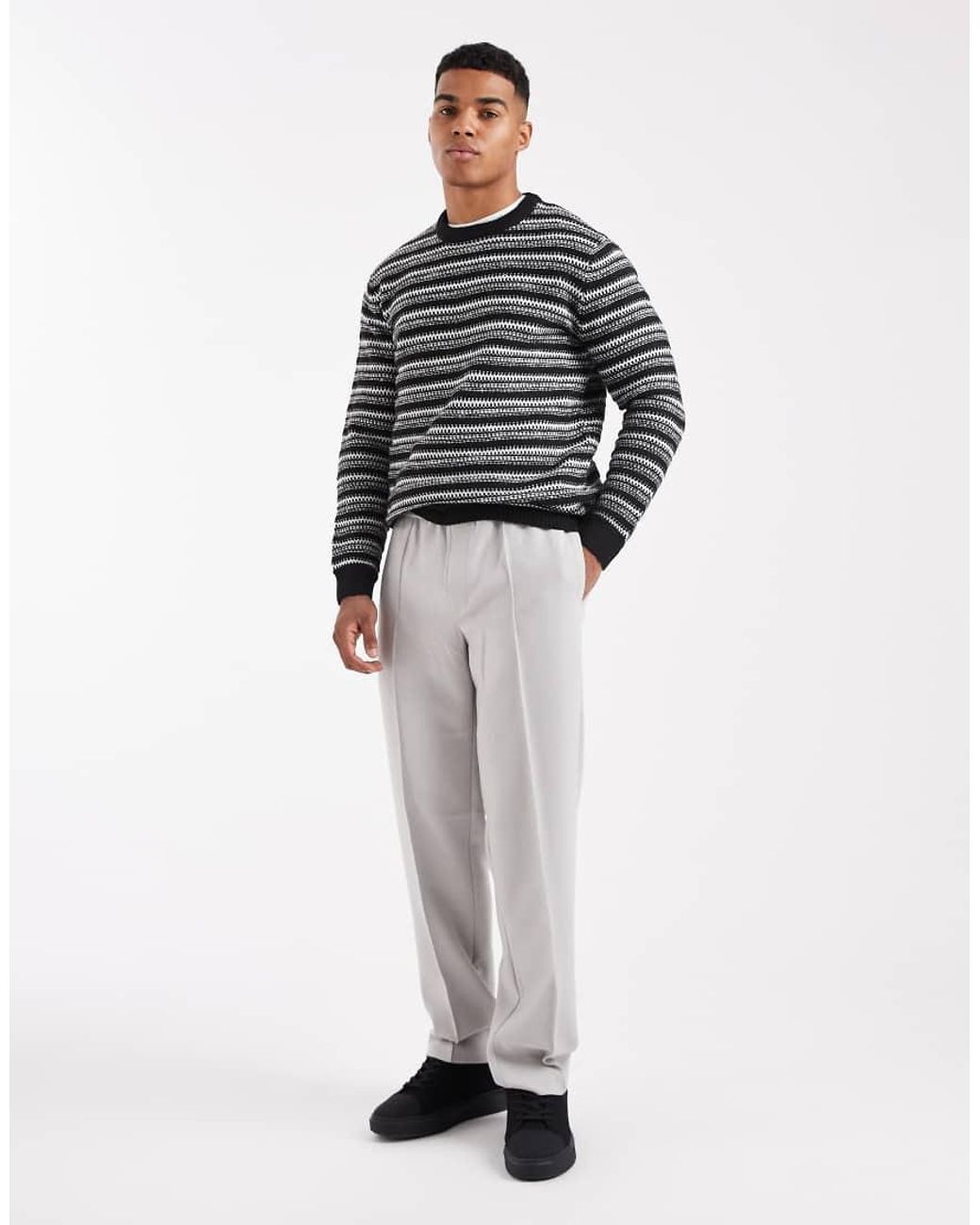 Only & Sons Regular-Fit Open Gebreide Gestreepte Trui Met Ronde Hals in het Gray voor heren