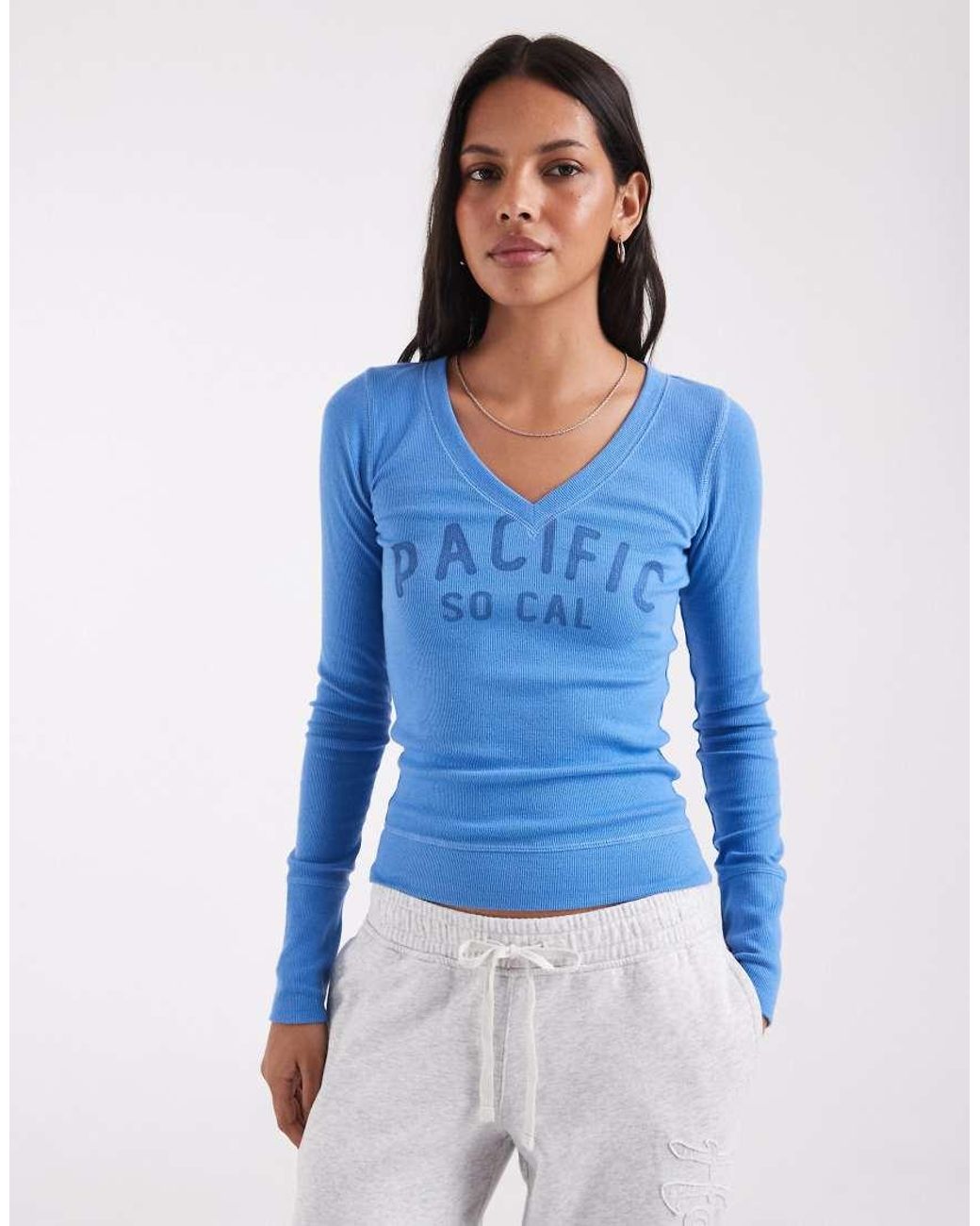 Hollister Blue Long Sleeve V Neck Graphic Top