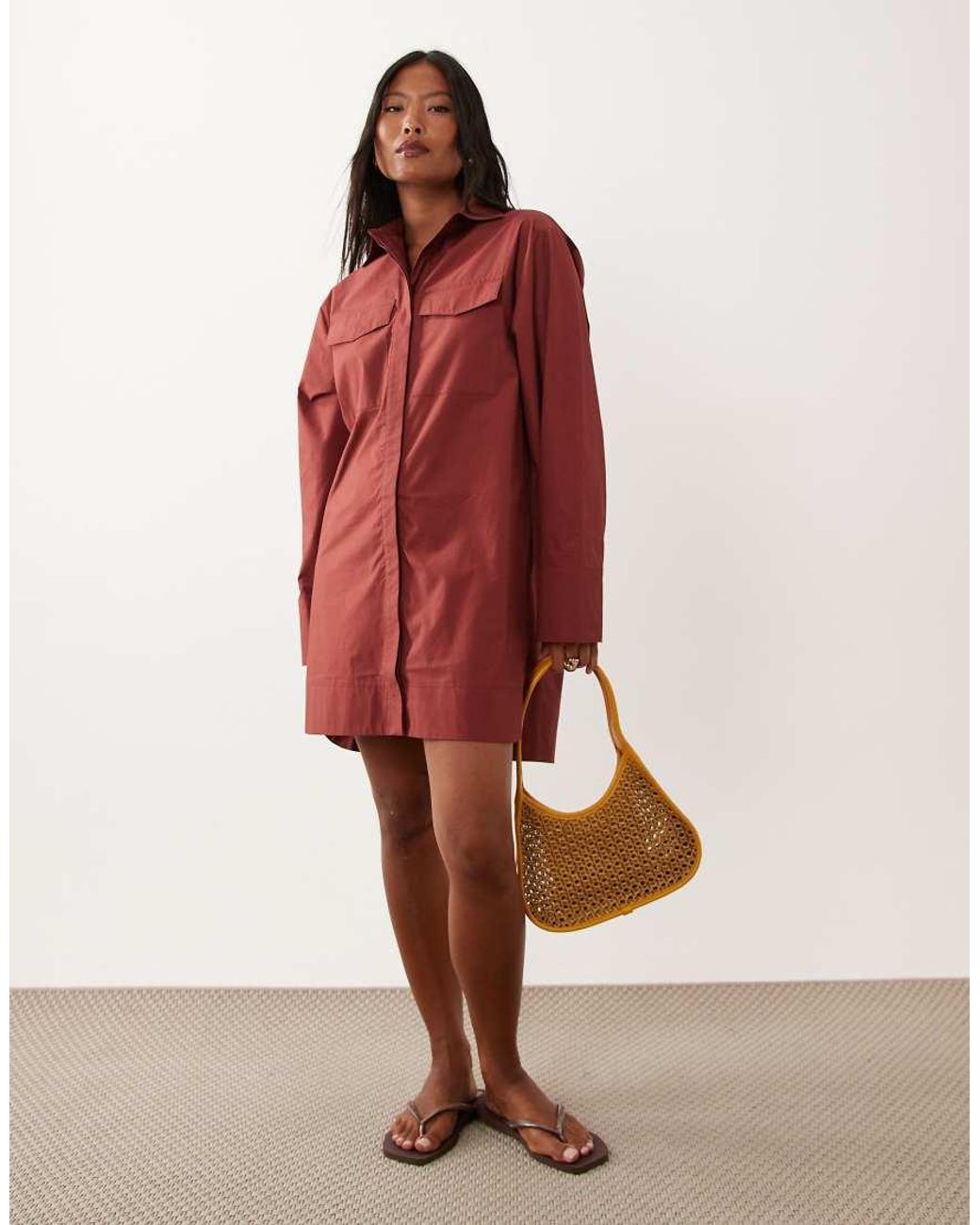 ASOS Red Asos Design Petite Poplin Mini Shirt Dress With Wide Cuffs And Oversized Pockets