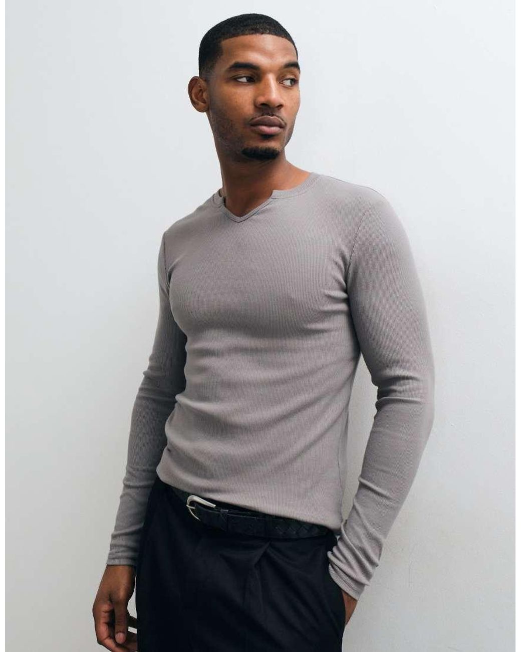 ASOS Gray Muscle Fit Long Sleeve T-shirt With Notch Neck for men