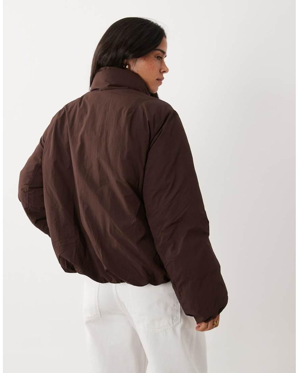 Mango Brown Puffer Jacket With Mandarin Buttons