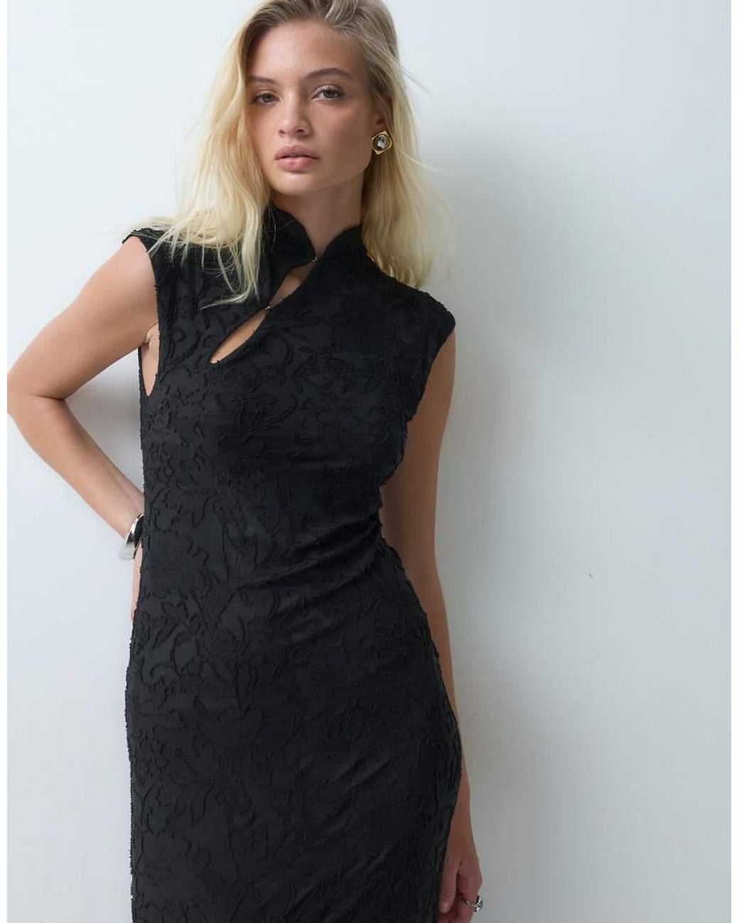 ASOS Black Sleeveless Devore Maxi Dress With Mandarian Detail