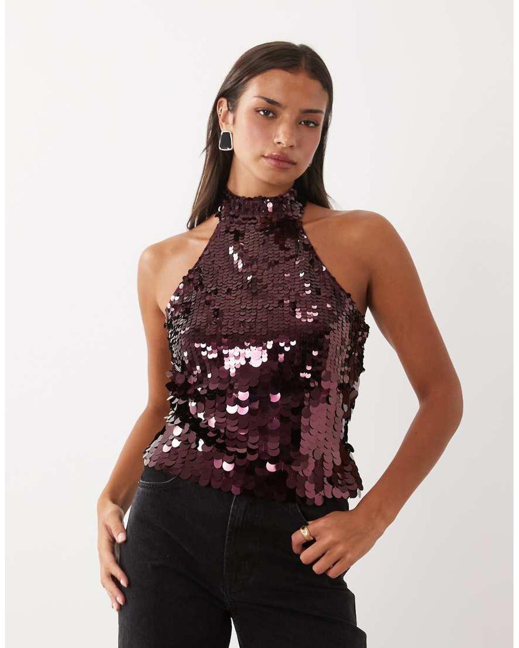 Pieces Red Halter Neck Disc Sequin Top