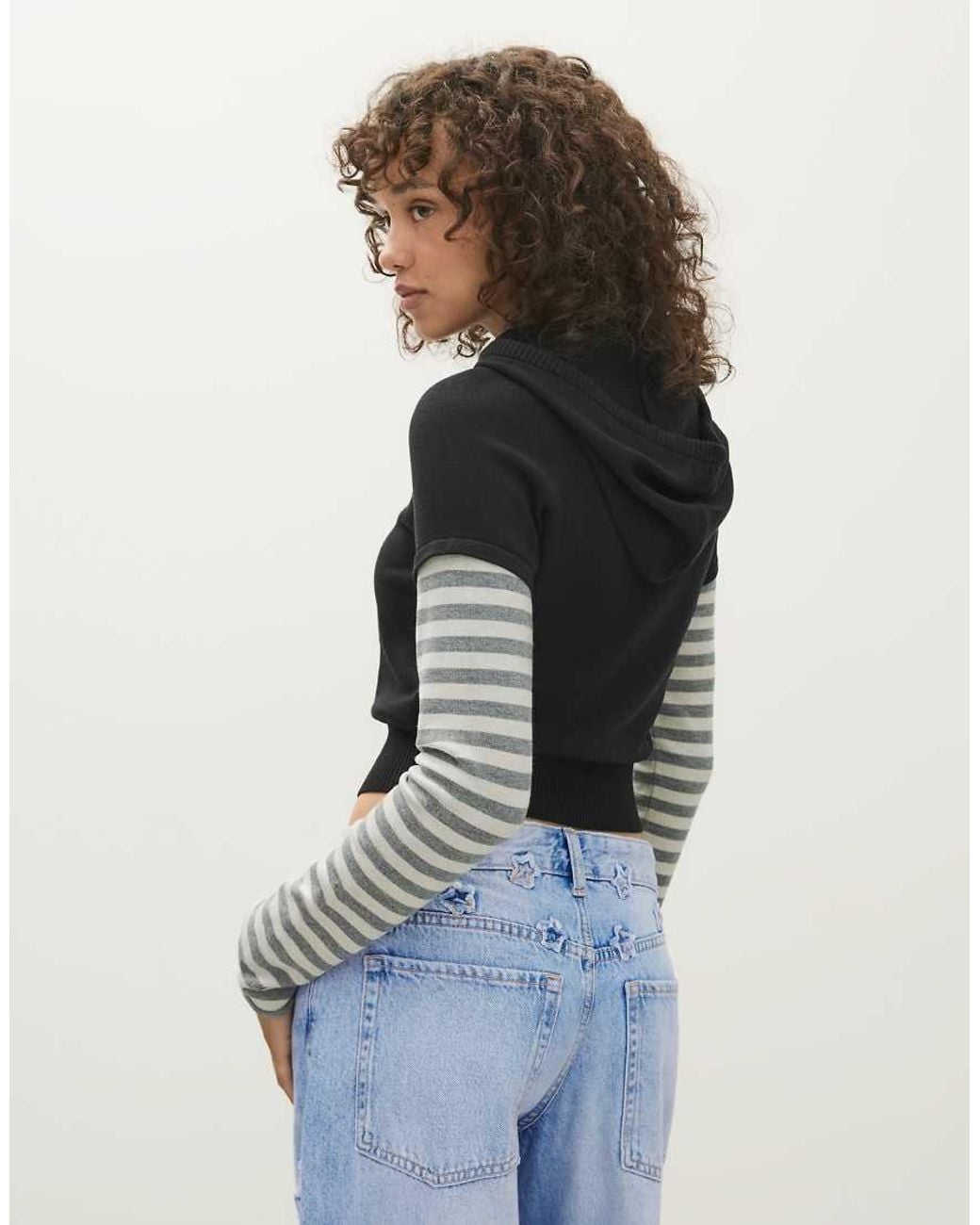 Bershka Gray Hooded Sweater With Contrast Sleeves