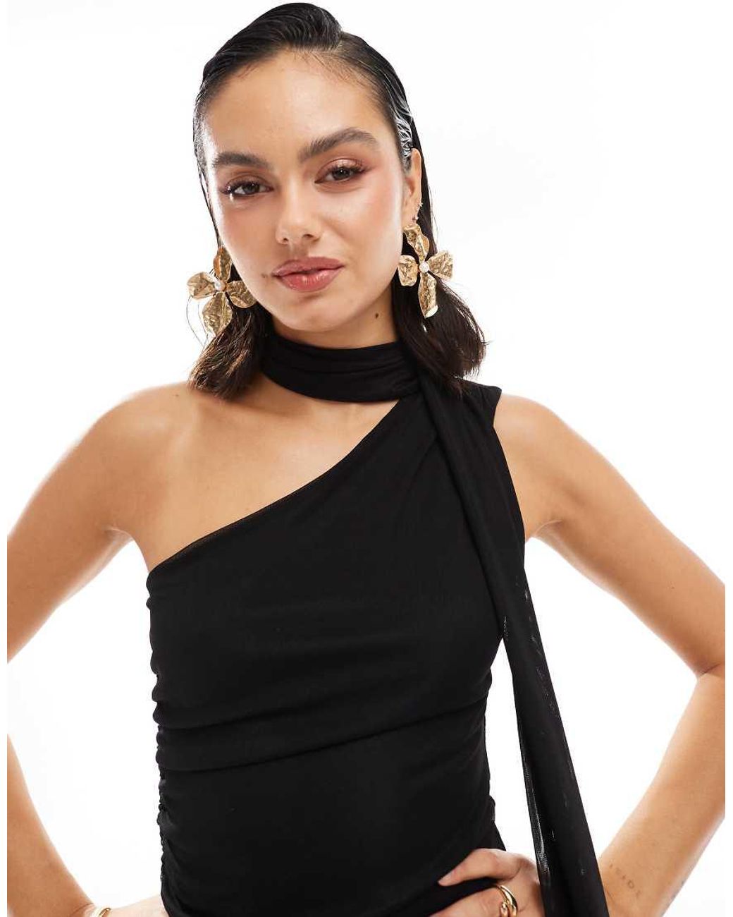 Stradivarius Black Asymmetric Tulle Top With Scarf