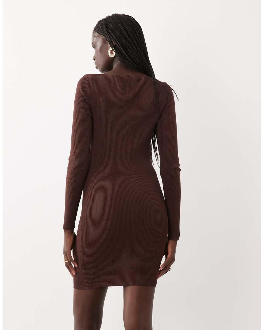 Miss Selfridge Brown Rib Knit Slash Neck Mini Dress
