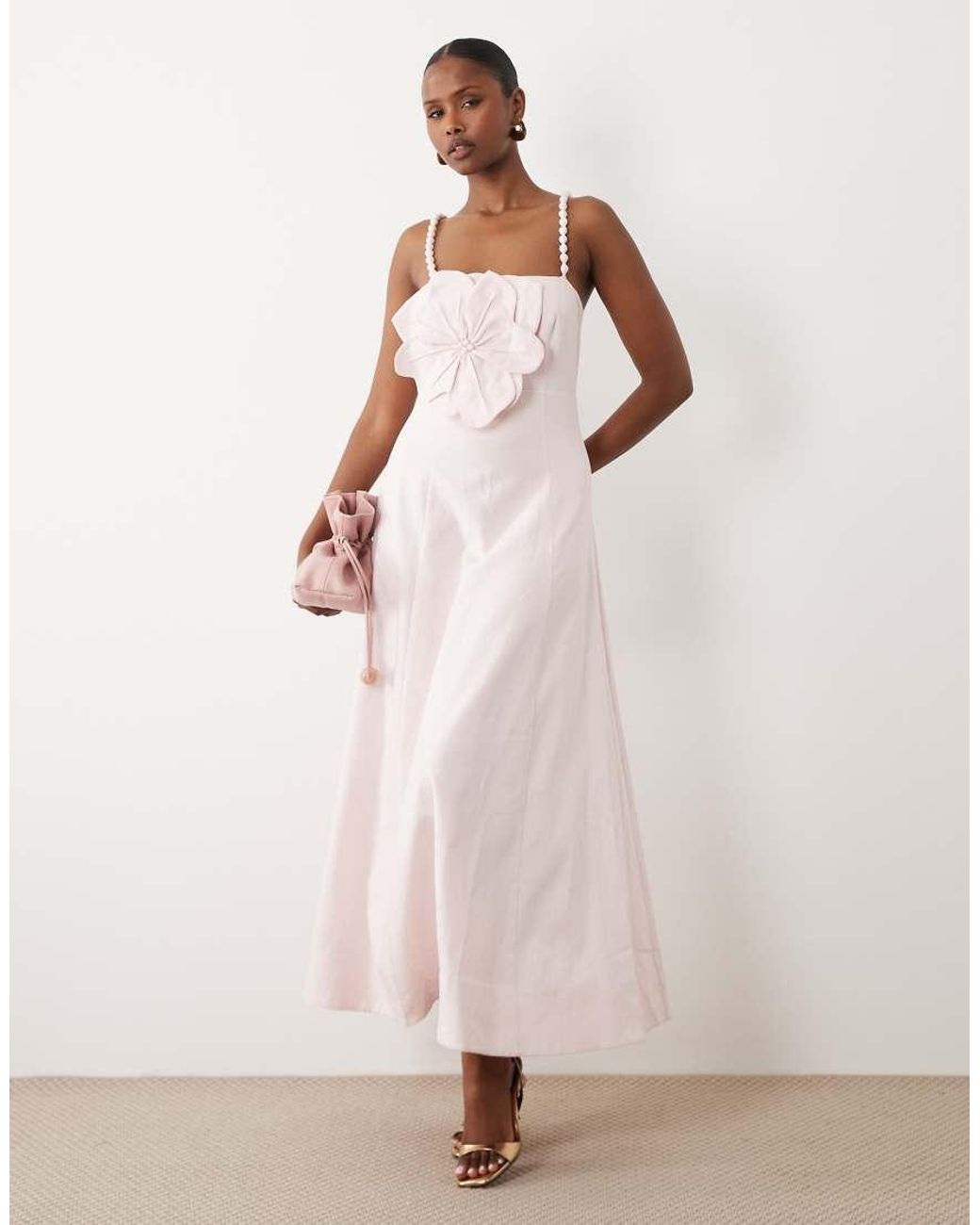 Forever New Pink Bubble Cami Strap Oversized Flower Detail Midi Dress