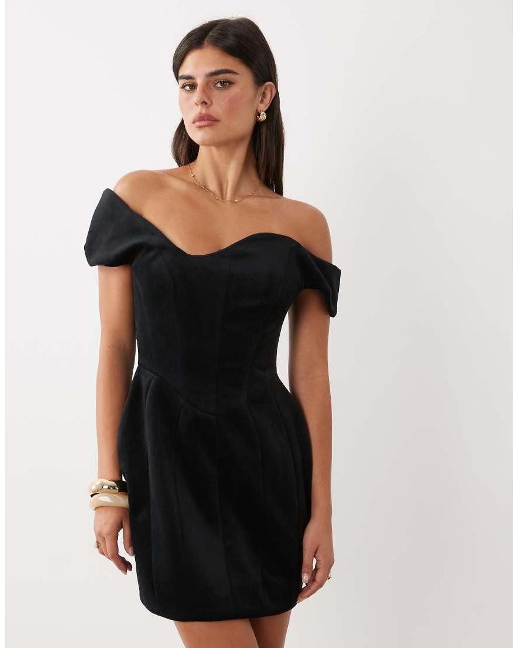 ASOS Black Wired Neckline Off The Shoulder Velvet Mini Dress With Tulip Hips