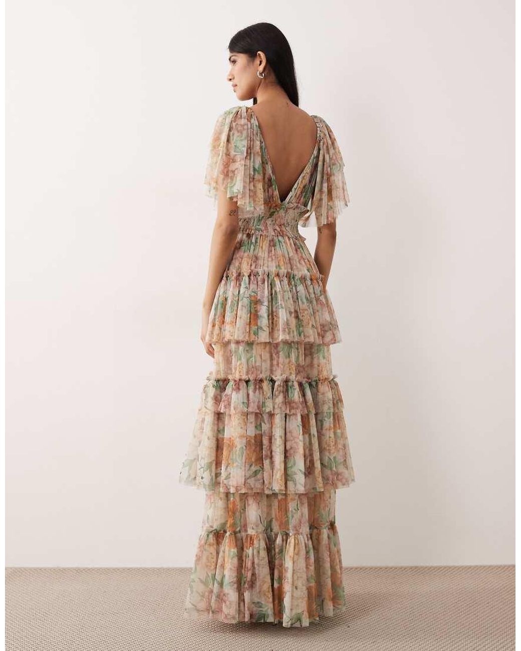 LACE & BEADS Natural Tulle Flutter Sleeve Tiered Maxi Dress