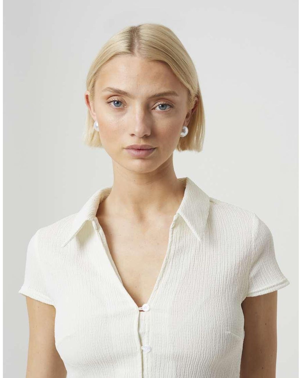 Brave Soul White Textured Jersey Short Sleeve Button Down Top