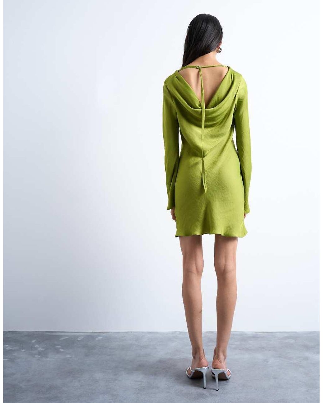 TOPSHOP Green Cowl Back Long Sleeve Mini Satin