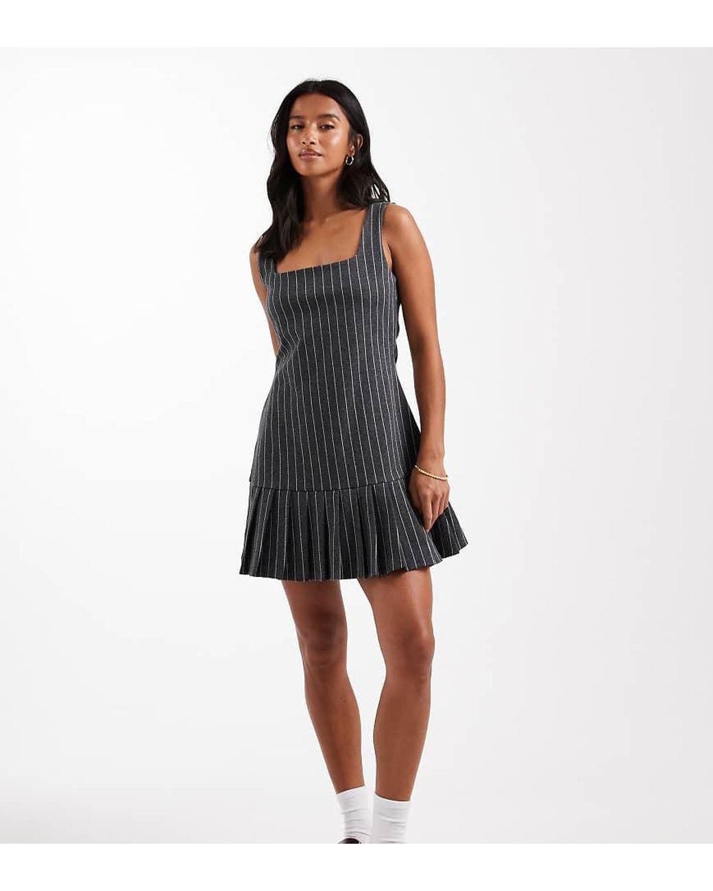 Miss Selfridge Black Pinstripe Pinny Dress With Drop Waist Pleated Hem