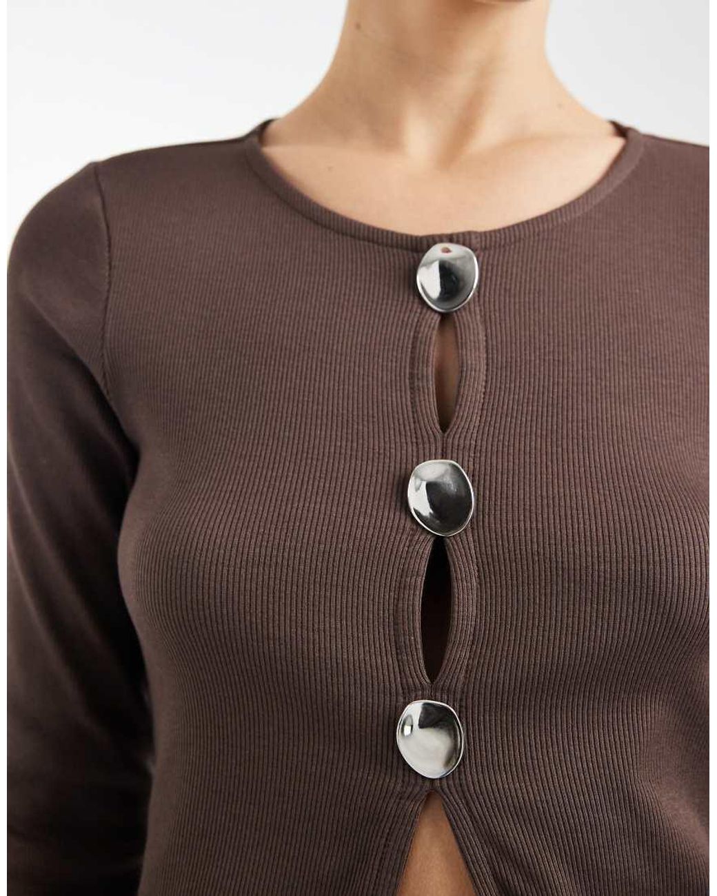 ONLY Brown Long Sleeve Rib Top With Silver Button Detail