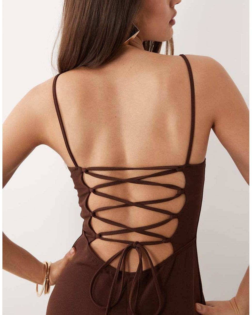 ASOS Brown Square Neck Maxi With Open Lace Up Back