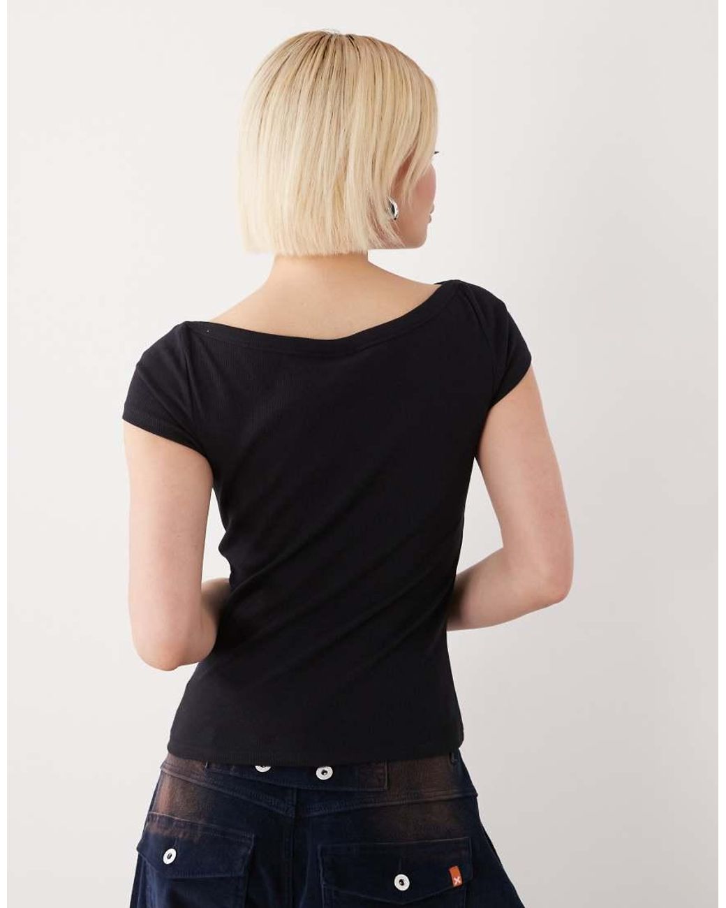 Noisy May Blue Ribbed Boat Neck T-shirt