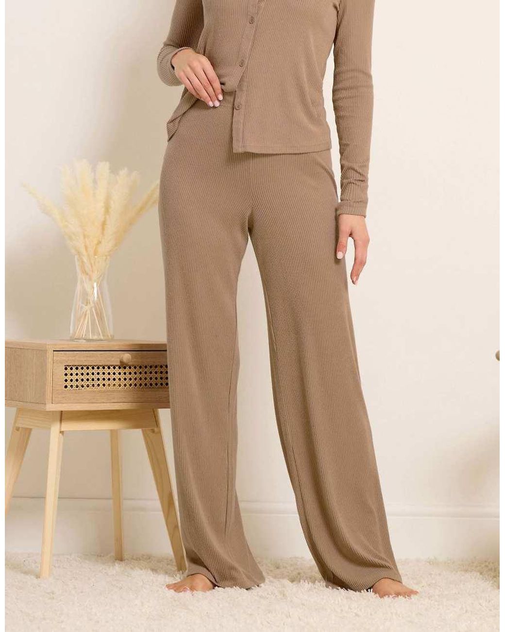 Long Tall Sally Natural Ribbed Wide Leg Trousers