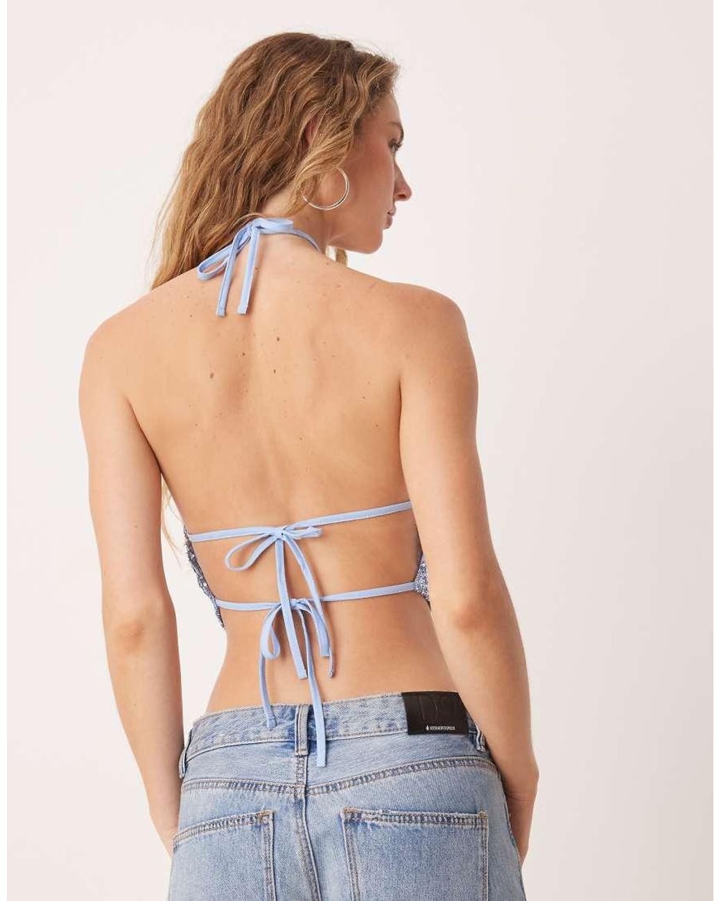 ASOS Blue Halter Neck Sequin Top With Tie Back Detail