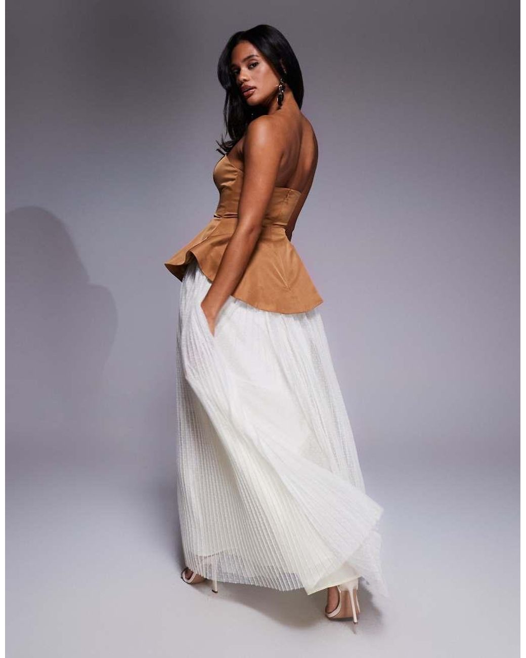 ASOS Gray Sculpted Bandeau Maxi Dress With Pleated Textured Mesh Skirt