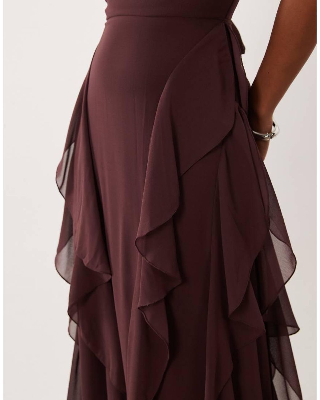 LACE & BEADS Brown High Neck Backless Ruffle Maxi Dress