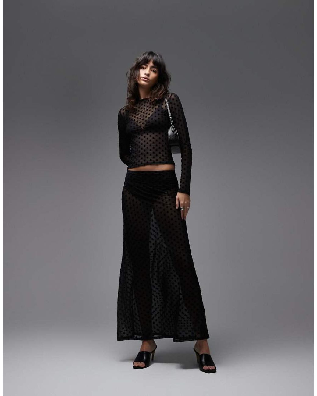 ASOS Black Flocked Mesh Long Sleeve Top