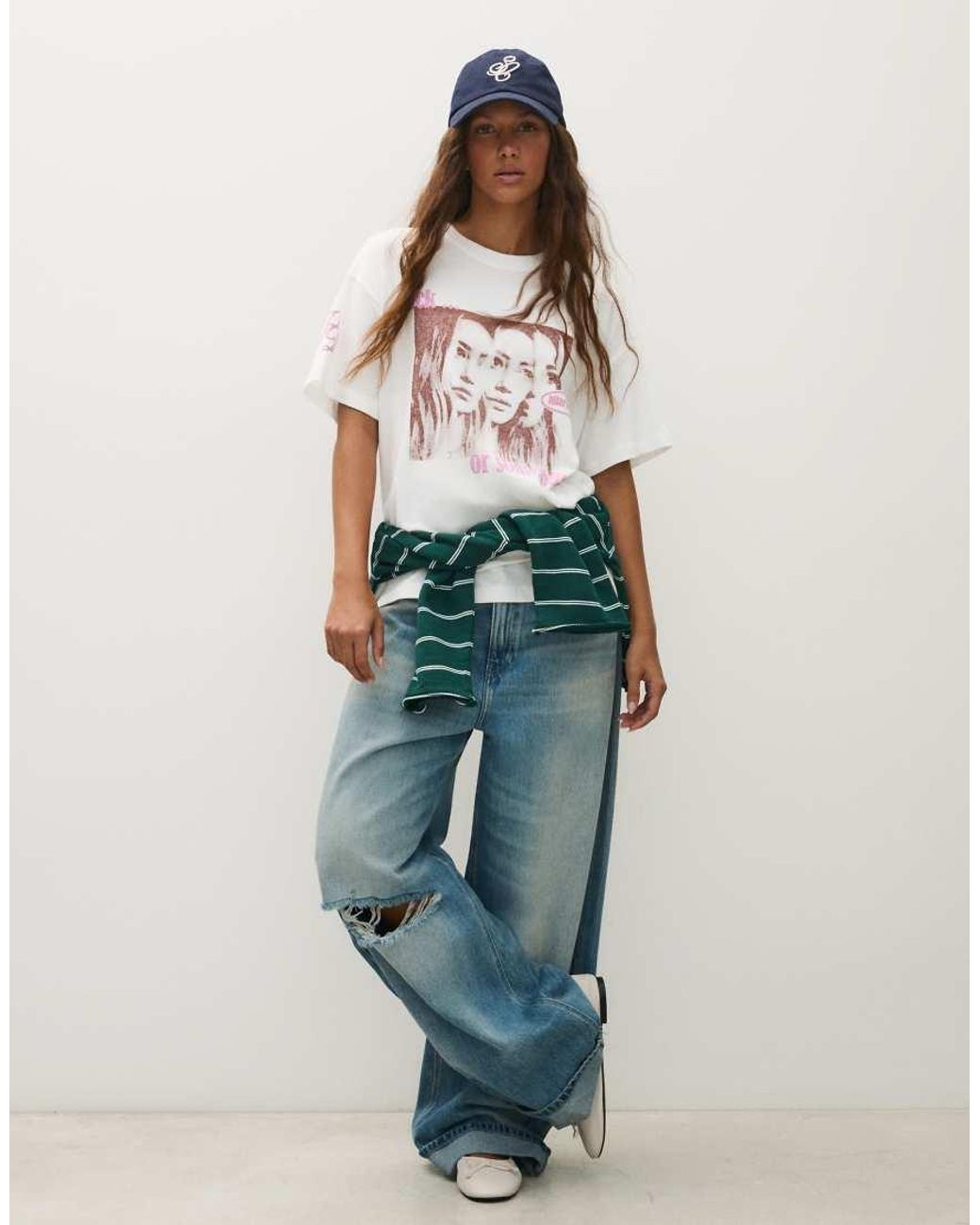 Bershka White Hilary Duff Oversize Short Sleeve T-Shirt