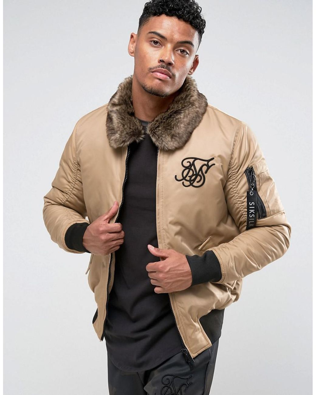 SIKSILK Bomber Jacket In Stone With Borg Collar in Natural for | Lyst Australia