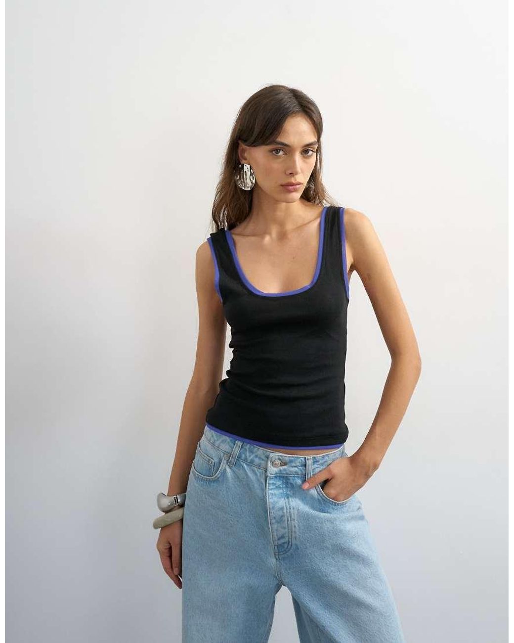 TOPSHOP Black Scoop Vest With Contrast Mesh Tipping