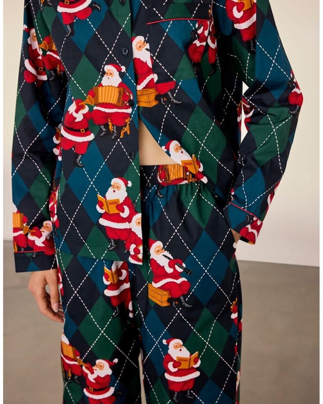 Chelsea Peers Blue Cotton Argyle Musical Santa Print Long Pyjama Set