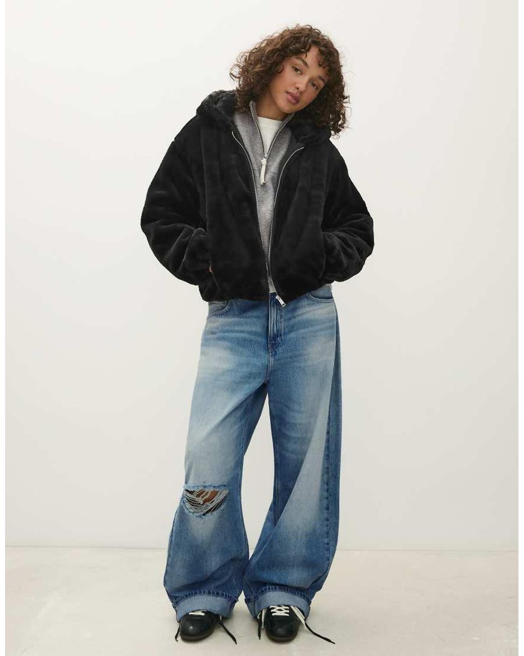 Bershka Blue Hooded Jacket With Fur