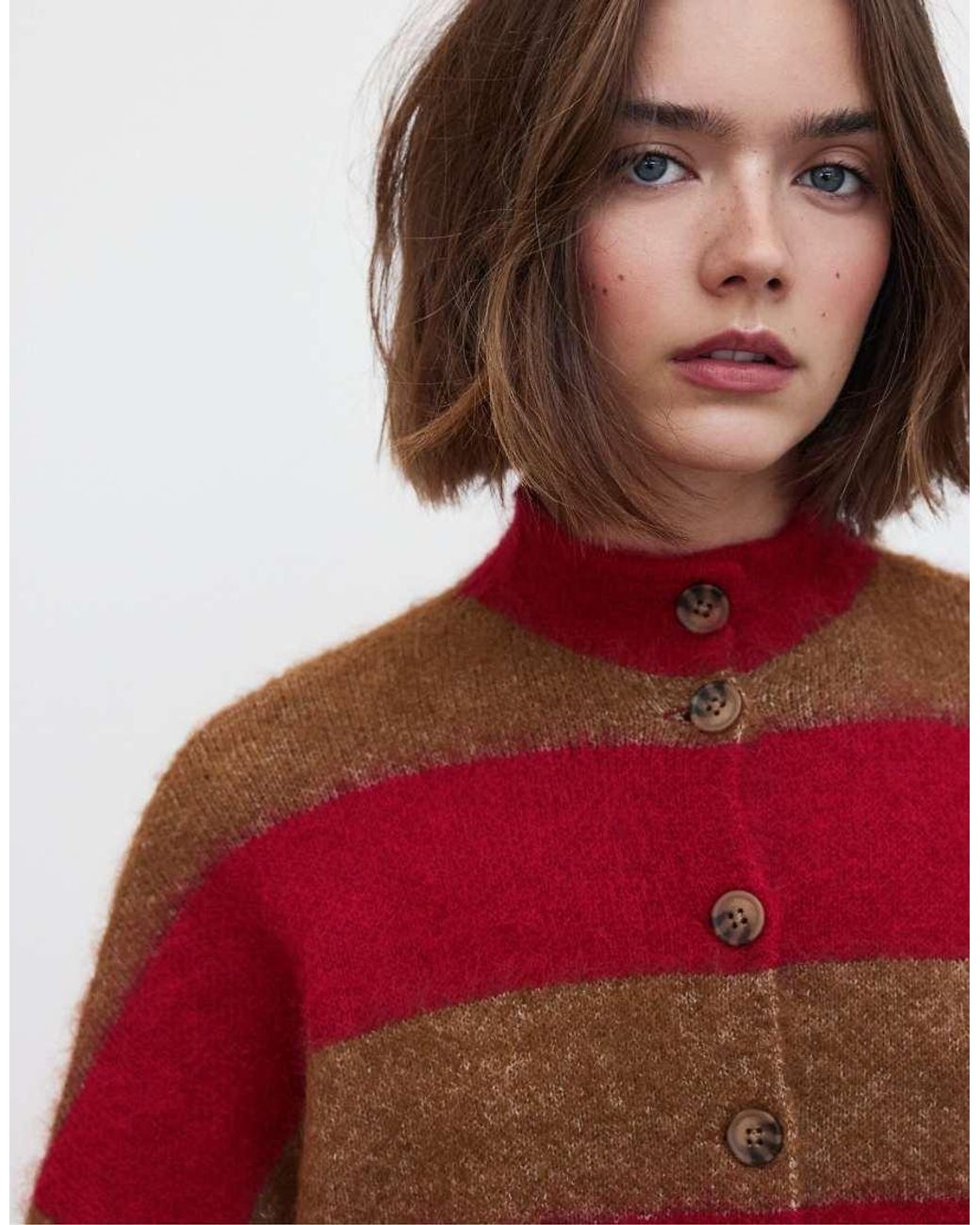 Stradivarius Blue Striped Funnel Neck Knit Cardigan