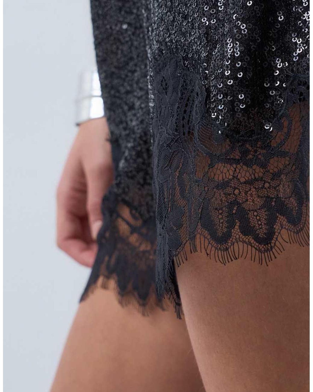 ASOS Black Allover Sequin Shorts With Lace Trim