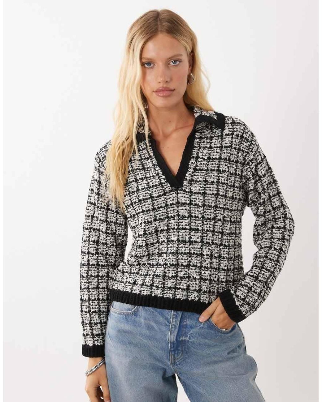 Mango Blue Knitted Revere Collar Sweater