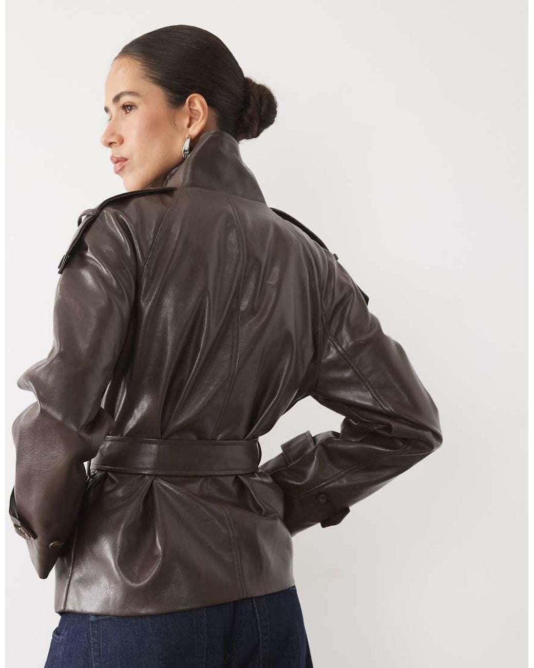 New Look Gray Faux Leather Funnel Neck Mac