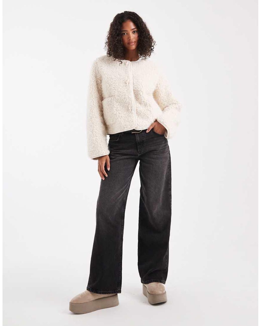 Object White Premium Fluffy Borg Duffle Style Cropped Jacket
