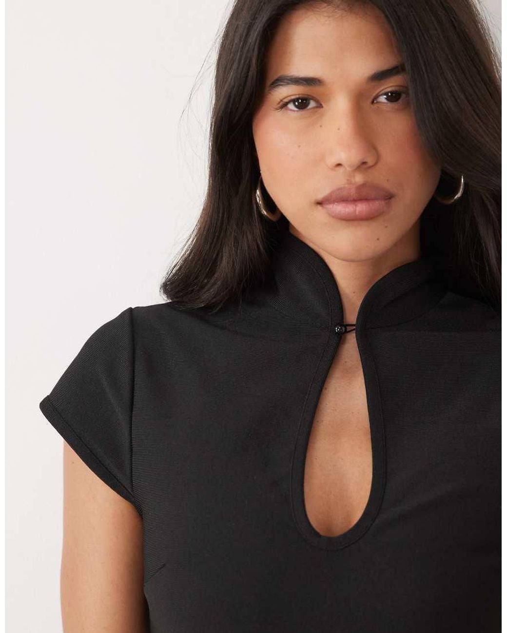 ASOS Black Bandage High Neck Collar Cut Out Top With Hook And Bar Detail