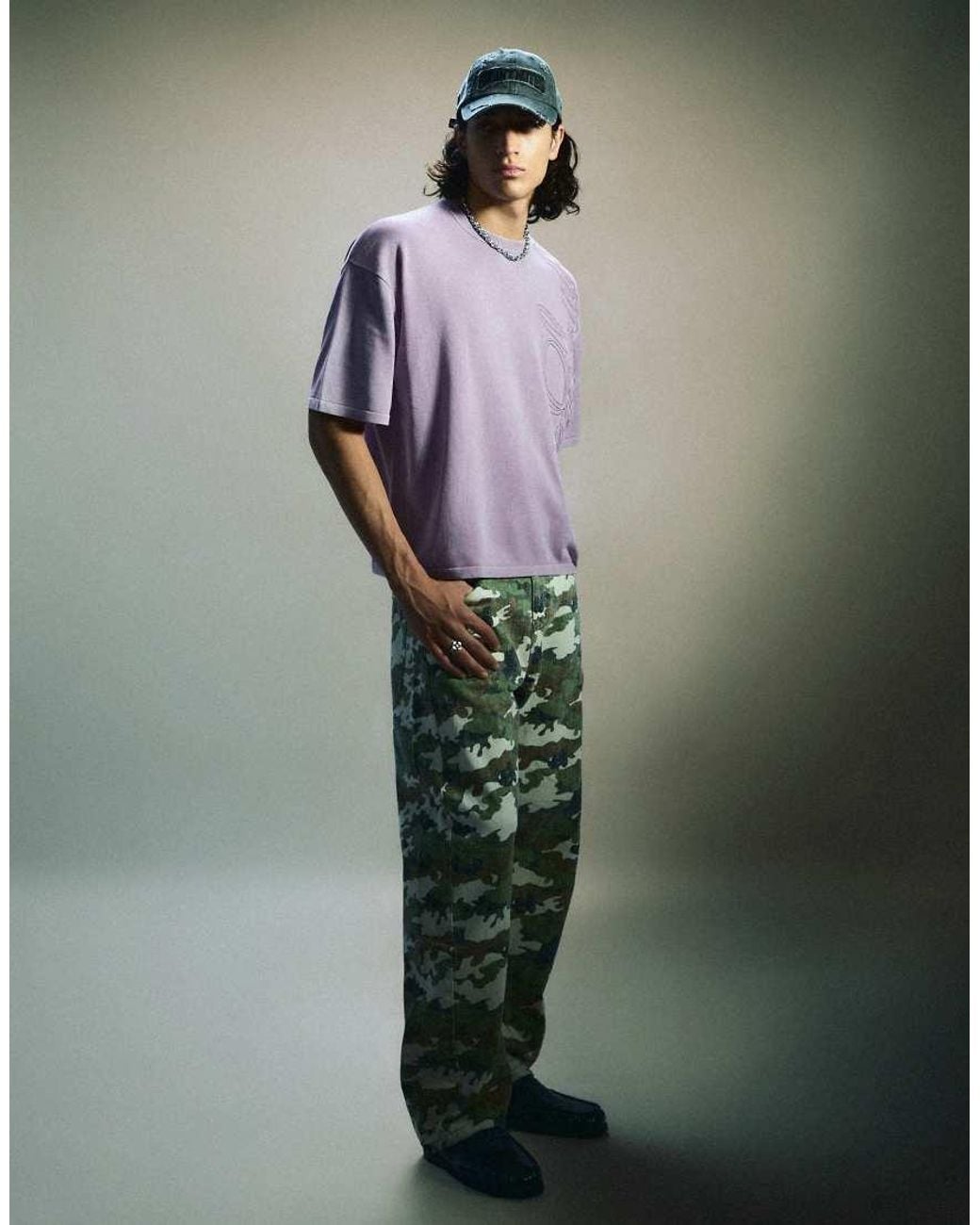 Bershka Purple Short Sleeve Washed Effect Embroidered T-Shirt for men