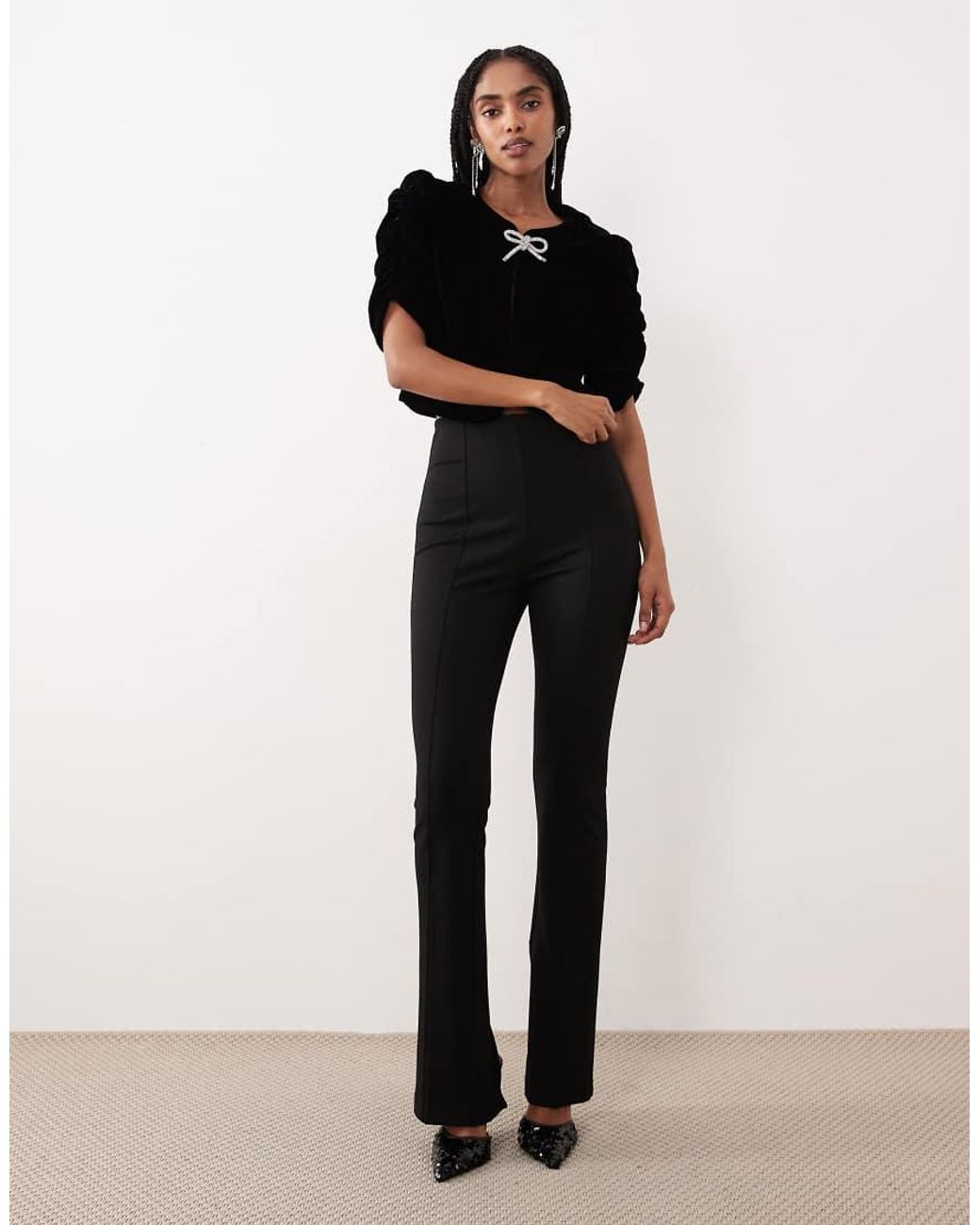 Gina Tricot Black Short Sleeve Velvet Velour Blouse With Silver Dimonte Bows