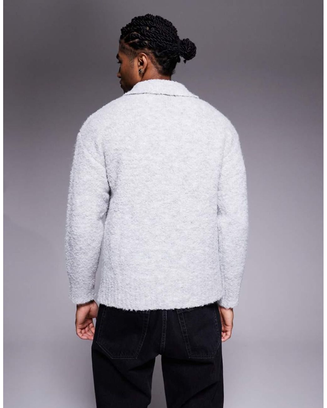 Good For Nothing Gray Knitted Boucle Long Sleeve Polo Jumper for men