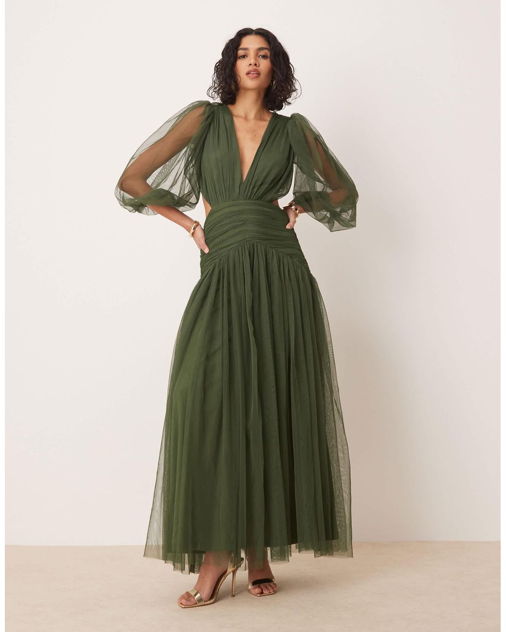 LACE & BEADS Plunge Drop Hem Maxi Dress in Green | Lyst
