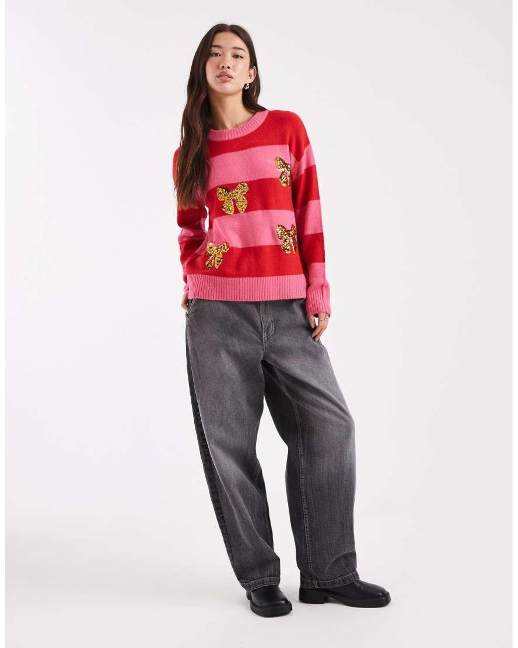 Brave Soul Red Crew Neck Stripe Jumper With Sequin Bow Detail