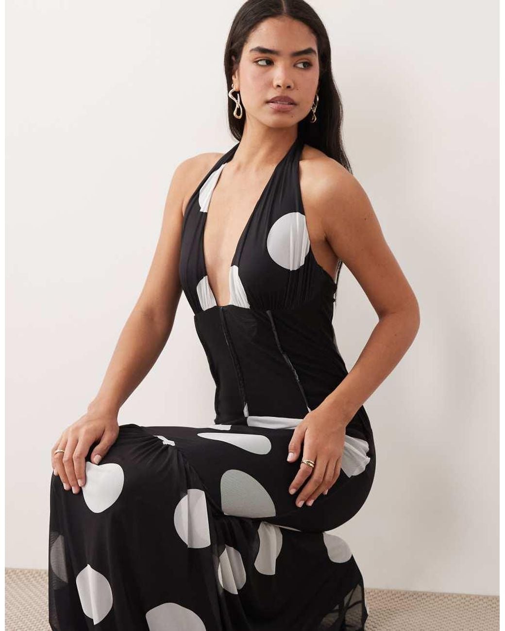 ASOS Black Polka Dot Cinched Waist Corset Detail Maxi Dress With Fishtail Hem