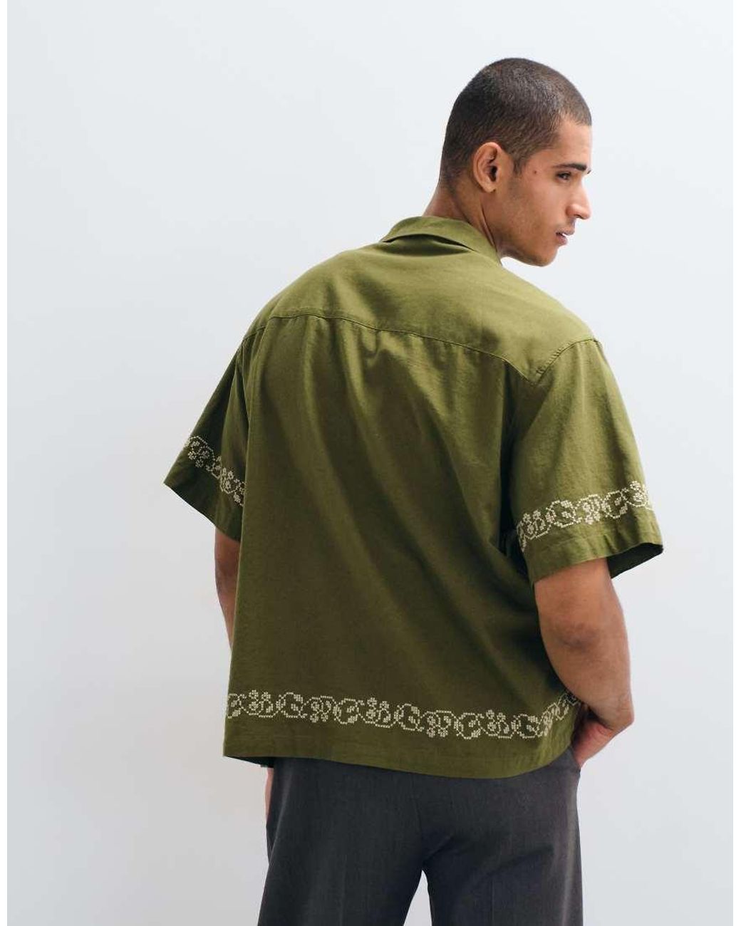 ASOS Green Oversized Shirt With Linen And Cross Stitch Embroidery for men