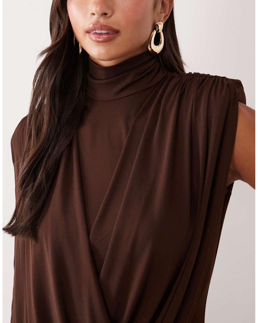 Ruched & Ready Brown Sculpted High Neck Drape Front Mini Dress