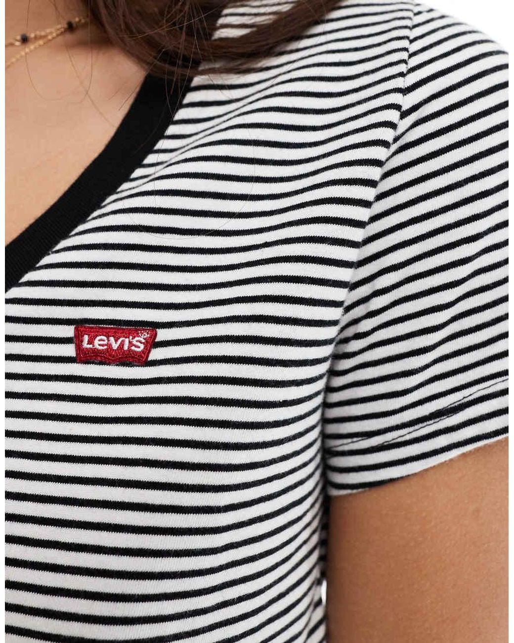 Levi's Gray Perfect V Neck Small Batwing Logo Stripe T-shirt