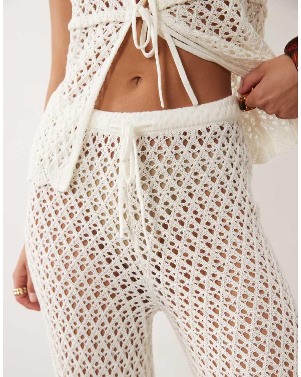 4th & Reckless Natural Cotton Blend Crochet Tie Waist Wide Leg Beach Pants
