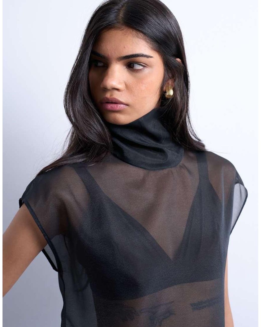 TOPSHOP Black Funnel Neck Sheer Organza Top