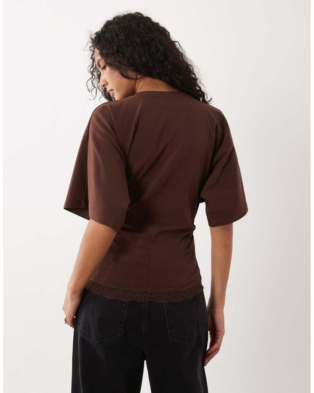 ASOS Brown Cinched Waist Draped Lace Trim Long Sleeve T-Shirt