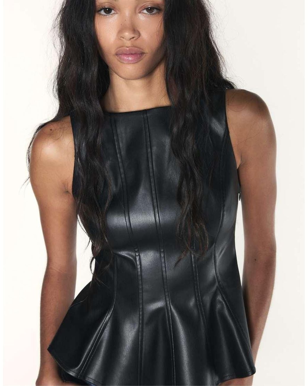Stradivarius Blue Sleeveless Leather-Effect Peplum Top