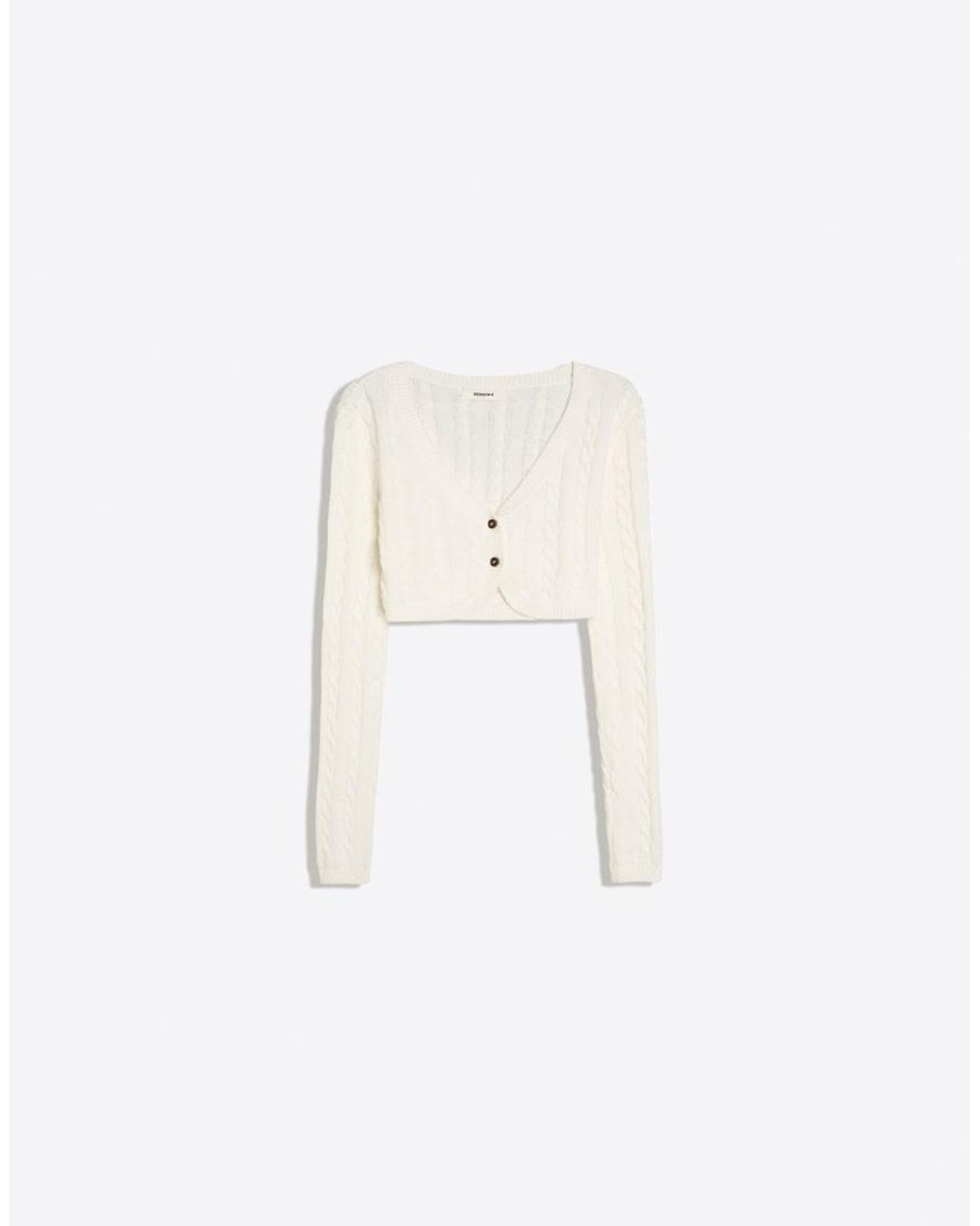 Bershka White Cable Knit Crop Jacket